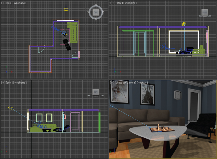 Screenshots of position of light source in (counterclockwise) top view, left view, view from chess set camera, and front view.