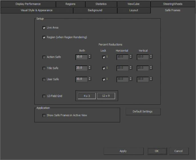 Screenshot of Safe Frames dialog presenting enabled live area and region, settings for percent reductions, and options for 12-field grid.