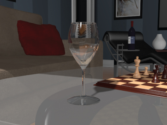 Image of wineglass with water presenting multiple refractions and soft reflections.