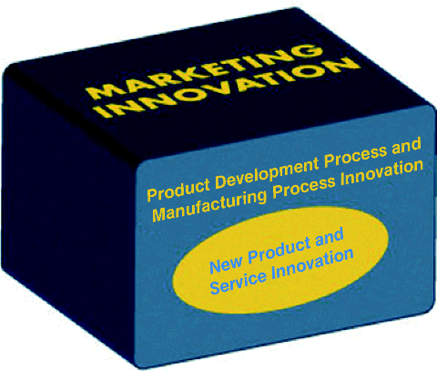 A pictorial representation of Beyond Products: Business Model Innovation. A box with text “marketing innovation” on the top and “product development process and manufacturing process innovation on the front side. In the oval the tag used is new product and service innovation.”