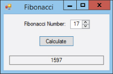 Screenshot of Fibonacci window displaying the Fibonacci Number label with NumericUpDown control (top), the highlighted Calculate button (middle), and the resultTextbox (bottom).