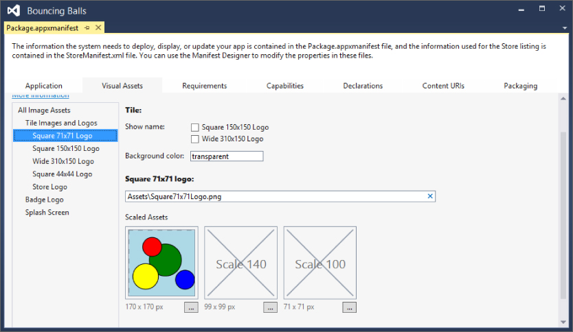 Manifest Editor window for Bouncing Balls presenting under Visual Assets tab the Square 71x71 Logo selected on the left and on the right details of the selected Square 71x71 Logo.