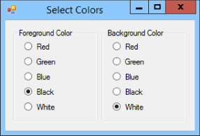 Select Colors window displaying Foreground and Background Color panels, both with radio buttons for Red, Green, Blue, Black, and White. Black is selected for Foreground and White for Background.