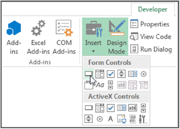 Screenshot shows the available form controls and activeX controls when the design mode insert command is selected from the developer tab.