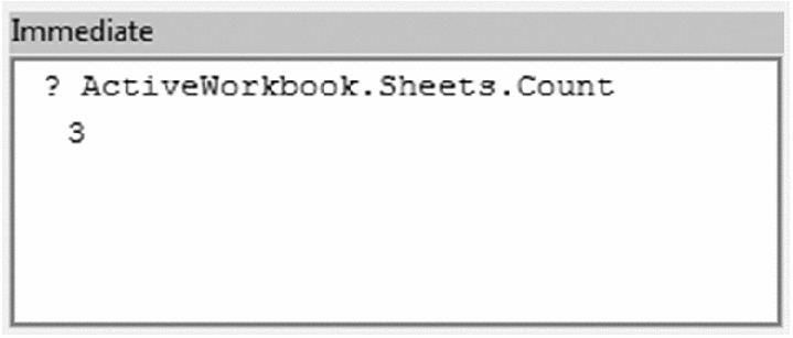 Screenshot shows the immediate window with question mark followed by ActiveWorkbook.Sheets.Count in first line and 3 in second line.