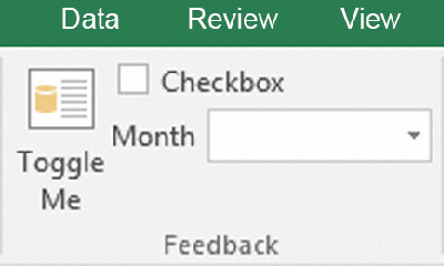 Screenshot shows a part of an excel displaying data, review and view tab along with icon for toggle me, a checkbox and a dropdown to select month.