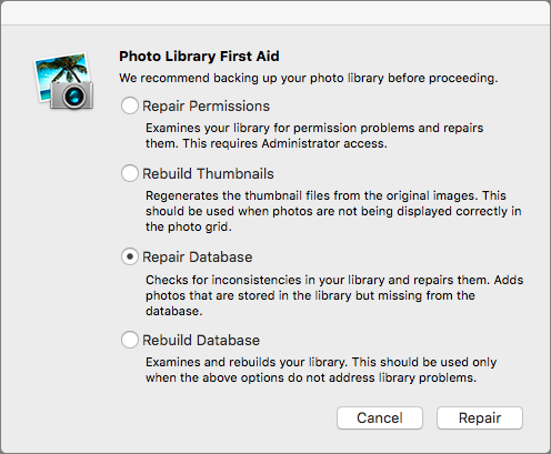 **Figure 77:** The Photo Library First Aid tool in iPhoto and Aperture will help clean up the library’s database.