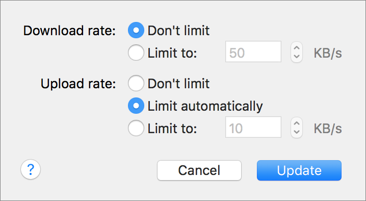 **Figure 4:** These settings let you trade off Dropbox performance and overall Internet upload/download performance. This shows the controls as they appear on a Mac; Windows and Linux differ slightly.