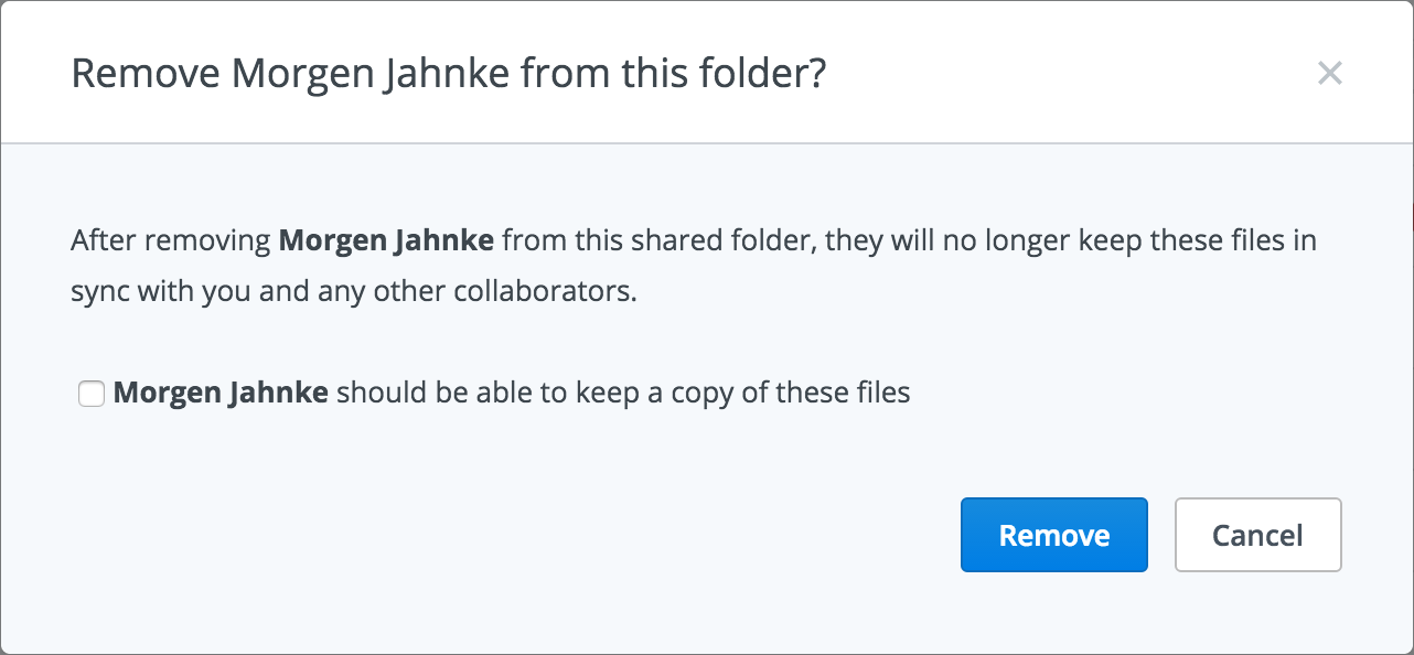 **Figure 33:** Before removing someone from a shared folder, decide whether that person can keep a copy of the shared files.