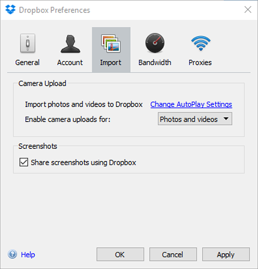 **Figure 72:** To adjust settings for Camera Upload on a PC, start in the Import pane of Dropbox’s Preferences window.