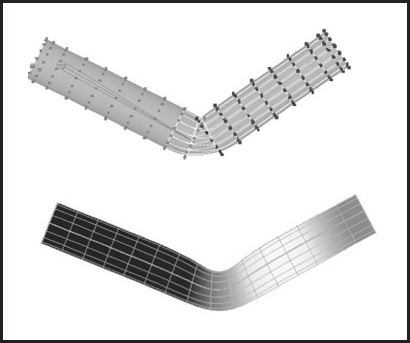 Figure showing top: Rigid skinning assigns skin vertices to a specific joint. Those belonging to the elbow joint are shown in black; Bottom: Soft skinning can blend the influence of several joints. Weights for the elbow joint are shown (lighter = greater weight). Note smoother skin deformation of the inner part of the skin near the joint.