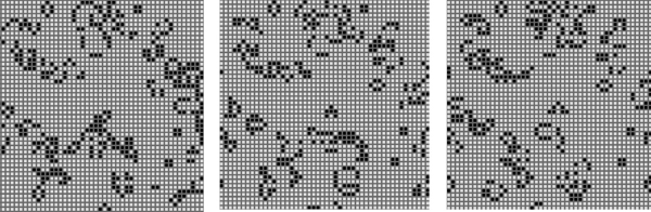 Figure showing several (non-consecutive) stages in the evolution of a Game of Life automaton. Live cells are shown in black. Stable objects, oscillators, traveling patterns, and many other interesting constructions can result from the application of very simple rules.