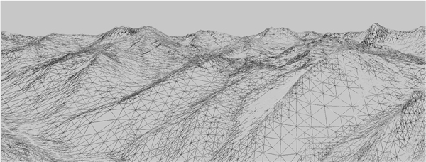 Figure showing how your geometry is organized will affect the performance of your application. This wireframe depiction of the Little Cottonwood Canyon terrain dataset shows tens of thousands of triangles organized as a triangle mesh running at real-time rates.