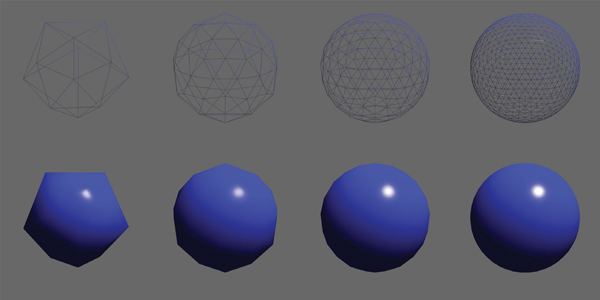 Figure showing per-fragment shading applied across increasing tessellation of a subdivision sphere. The specular highlight is apparent with lower tessellations.