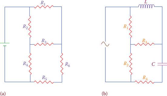Figure 12.20 Examples of electric networks for the analysis of which we need new rules. (a) DC circuit. (b) AC circuit.