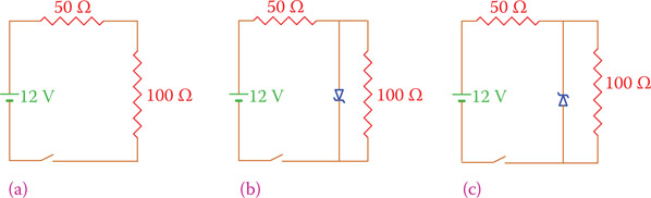 Figure 15.4 Example 15.1. (a) No zener diode in the circuit. (b) Zener diode is forward biased. (c) Zener diode is reverse biased.