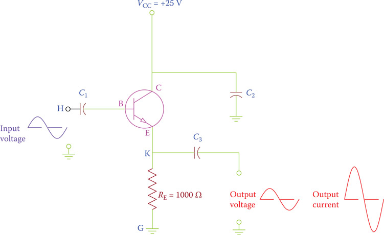 Figure 18.10 Schematics of a common-collector amplifier (emitter follower).