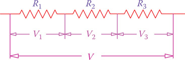 Figure 6.12 Three resistors in series under an applied voltage V.