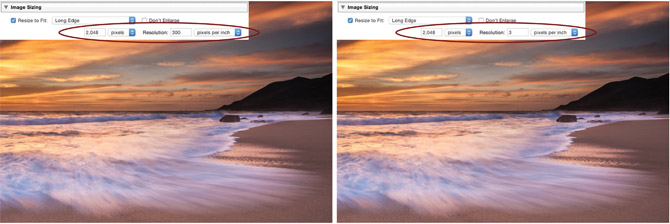 10.24 The first image shows an exported image with the pixel length set to 2048 and 300ppi, and the second image also has a pixel length of 2048, but the Resolution is set to 3ppi. Unlike choosing a physical specification like inches or centimeters, choosing resolution when specifying pixels has no effect on the quality or size of the file.
