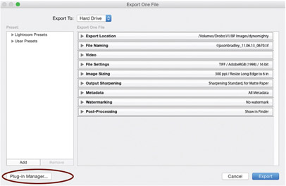 10.36 There are many plug-ins available on the Internet to help with exporting images to specific services or social media outlets. Once you’ve downloaded a needed plug-in, click the Plug-in Manager button in the Export dialog to launch the Plug-in Manager.
