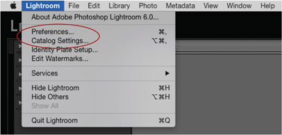 1.13 You can access Lightroom’s Preferences and Catalog Settings by going through the Lightroom Menu with Macs, or by starting with the Edit Menu for Windows. For access by using quick keys, use Command-Comma for Mac or Control-Comma for Windows.