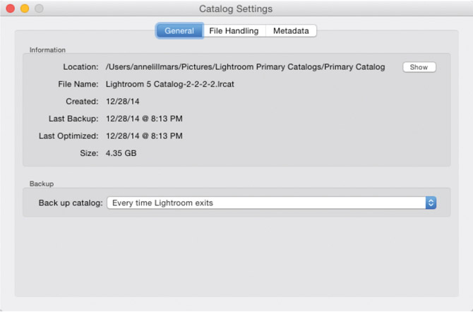1.20 The General section of the catalog allows you to set how often Lightroom prompts you to backup your catalog.