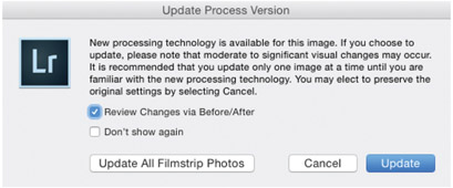 5.7 As you attempt to update your image’s Process version, Lightroom will ask you if you want to Update just the one image, or if you want to Update All Filmstrip Photos.