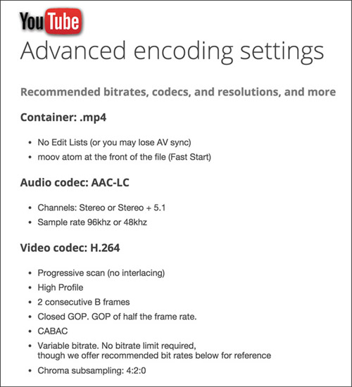 Figure 11.15 YouTube recommends uploading video using the MPEG-4 (.mp4) container format and includes a detailed set of specifications on its website for properly encoding the video and audio portions of your program.