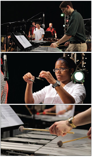 Figure 13.17 These B-Roll shots were acquired during the performance of a percussion ensemble. Top: A wide shot (WS). Center: A medium shot (MS). Bottom: A close-up (CU). Individual shots such as these, reflecting diverse points of view, can be combined in editing to form a sequence.