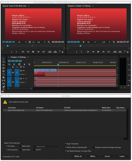 Figure 14.11 Top: Red is generally a bad color to see on a media clip or sequence. Here, in Adobe Premiere Pro, it signifies that a media file has gone offline. In other words, the media file associated with media clip in the timeline has either been deleted from the project’s hard drive or moved to a new location—thus breaking the link that was established when the media was first imported. Bottom: The Link Media panel in Premiere Pro is used to locate and re-link the missing asset.