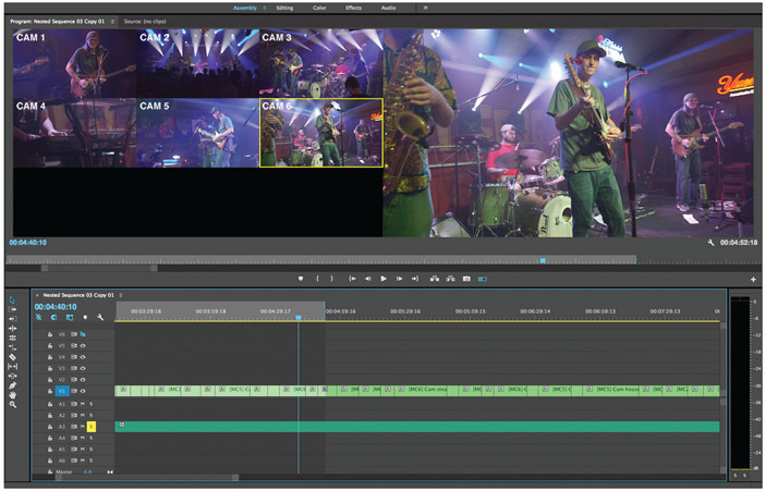 Figure 14.8 Multi-cam editing in Adobe Premiere Pro. Six cameras were used to record this live band performance. A switched program feed was recorded on-site along with six ISO recording (one for each camera). In Adobe Premiere Pro, the six ISO camera recordings were imported into a multi-cam editing session and synchronized to the original switched recording of the event.