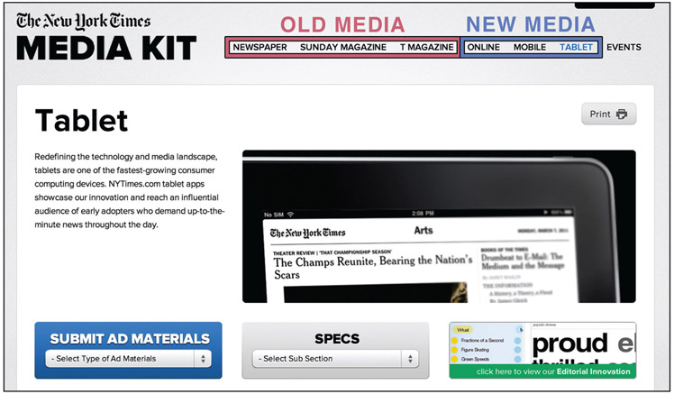 Figure 1.19 In addition to its traditional print products, the New York Times offers advertisers access to new media channels (online, mobile, and tablet).