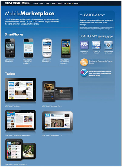 Figure 1.9 In addition to delivering content through traditional print and online media channels, USA Today offers readers access to its branded content through a cadre of mobile news and gaming apps.