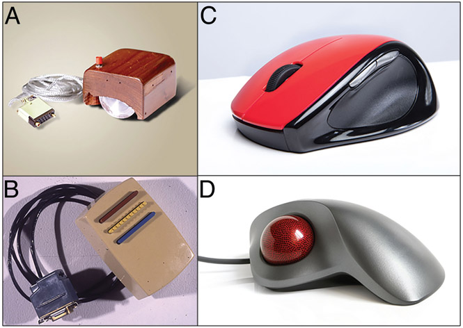 Figure 2.15 The evolution of the computer mouse: A) The original mouse prototype invented by Douglas Engelbart in 1963. B) The first commercial three-button mouse developed by Xerox PARC. C) A modern wireless mouse. D) A trackball mouse.