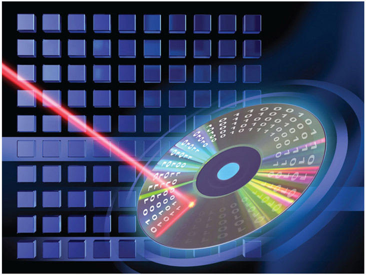 Figure 2.26 A red laser is used to write and read data on CDs and DVDs. A blue laser is used on Blu-ray discs because it has a narrower beam—allowing it to write more data in the same amount of space.