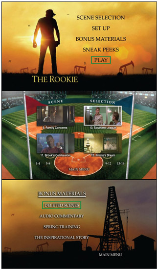 Figure 5.1 The DVD menu system for the Walt Disney film The Rookie includes a main menu, a scene selection submenu, and a bonus materials submenu. The visual layout of each menu is the product of multimedia page design, where diverse visual elements such as video, graphics, text, and animation are arranged within the screen space of a 16-by-9 television frame.