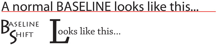 Figure 8.17 Top: Typically, all type in a row of text sits uniformly on a common baseline. Bottom: Shifting the baseline is a creative choice by the designer for achieving a particular visual effect.