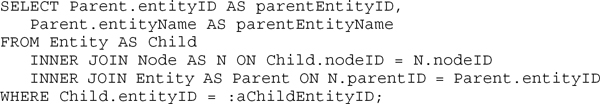 Figure showing degenerate node and edge: SQL query. Find the parent for a child node.