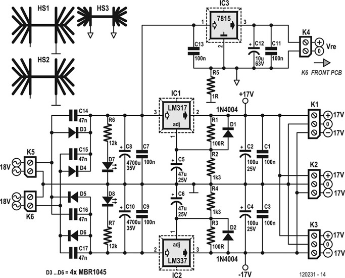 Figure 16.10 The circuit diagram of the power supply holds common-or-garden components hence few surprises. Note that the relays have their own 15 V voltage regulator.
