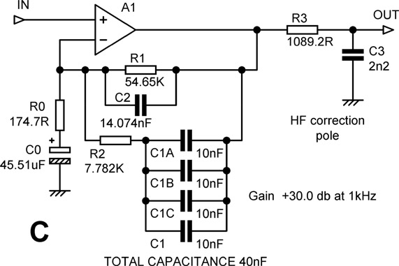 Figure 19.13 configuration C from Figure 19.8 redesigned so that C1 is 40 nF, made up with four paralleled 10 nF capacitors.