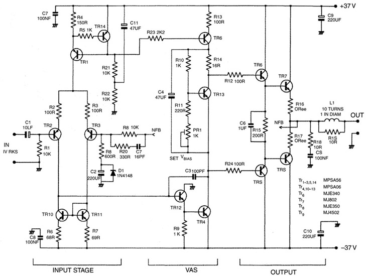 Figure 28.4 50 W Class B amplifier circuit diagram. Transistor numbers correspond with the generic amplifier in chapter 16.