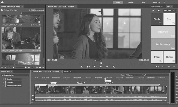 Figure 17.8 Adobe Prelude is a software companion to Premiere Pro that allows for ingest, transcoding, and logging in the field.