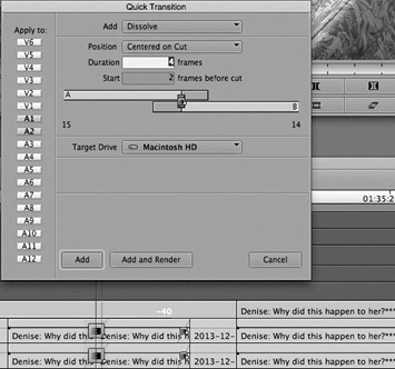 Figure 21.13 An audio dissolve in Avid’s Media Composer. Pictured here is four-frame cross-fade used to create an invisible dialogue edit. The dissolve is centered on the cut, with two-frame handles on each side.