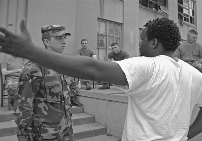 Figure 21.3 Some documentaries, like Trouble the Water (left), rely heavily on speech. In this scene Scott Roberts is pleading with US army officials to let residents take shelter in an empty army base. Others, like Sweetgrass (right), focus instead on the sounds of the natural world and feature very little human dialogue.