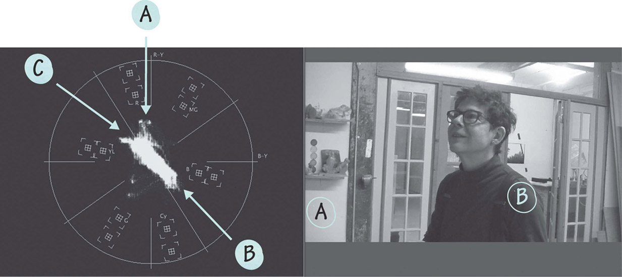 Figure 22.6 The vectorscope represents the saturation level of the various colors in the image. The red object on the shelf (A) creates a spike on the “red” area of the vectorscope (A). Similarly, the blue shirt (B) registers strongly in the “blue” area of the vectorscope (B). The (C) line represents skin tones, and is a valuable reference point when correcting people’s faces. Because what registers is the color of the blood, not the pigment of the skin, all skin tones should register along this exact line. (See plate section for color.)