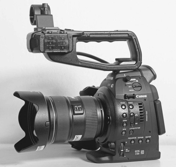 Figure 8.13 The Canon EOS C100 is a good example of a hybrid camera that combines the large sensor and interchangeable lenses of the DSLR with some of the advantages of a video camera body.