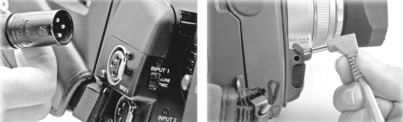 Figure 8.23 While higher-end camcorders come with XLR inputs for professional microphones (left), consumer cameras often only have 1/8ʺ connectors (right), which are prone to interference and are much less reliable.