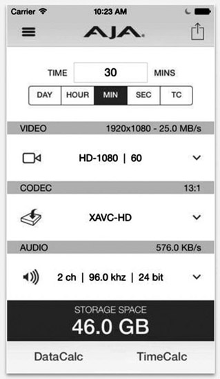Figure 8.33 Media data rate calculators, like this free one for iPhone from AJA Systems, are a handy tool for calculating data storage needs.