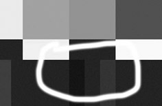 Figure 8.37 In this typical color bar display, the brightness of the three small bars on the lower right (called the pluge, from “picture line-up generation equipment”) can be used to set brightness level. In the close-up section of the bar display (right), the setting has been adjusted so that the difference between the two bars on the left of the pluge almost disappears. See color insert.