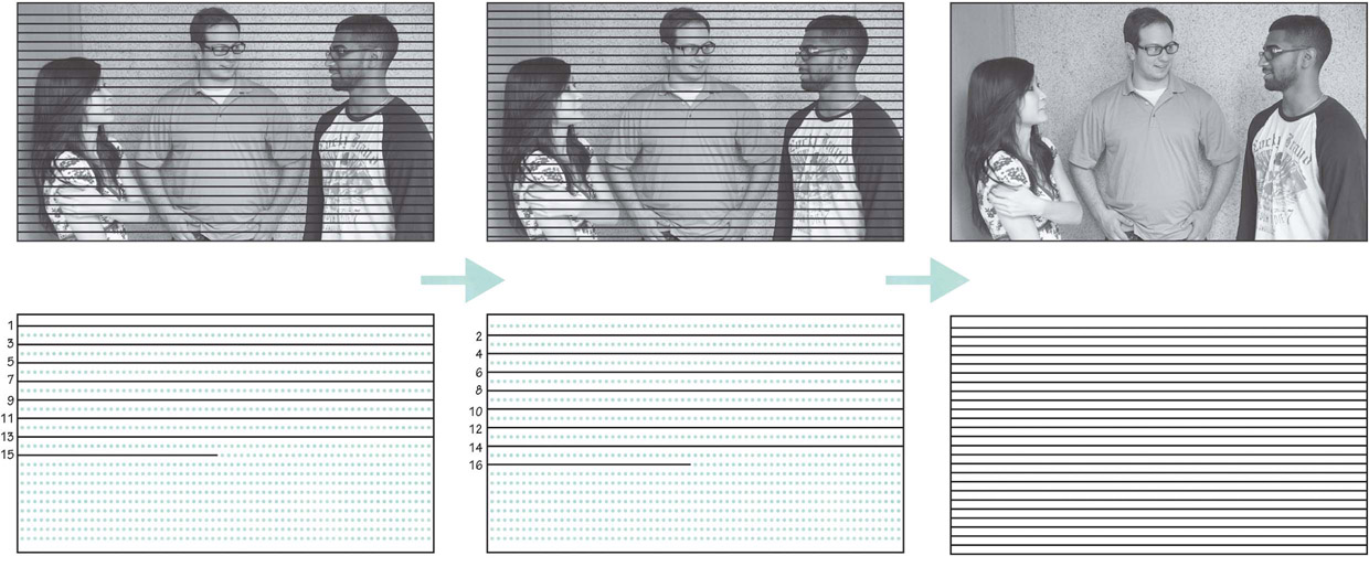 Figure 8.7 Interlaced video. First, the odd lines are scanned, from top to bottom, then the even lines are scanned, creating the second field. The result is a full image.